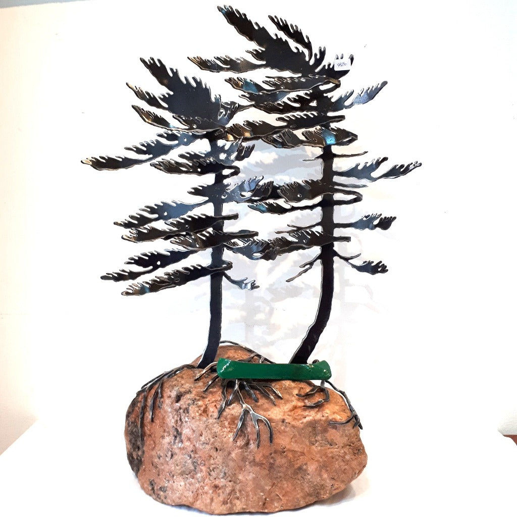 Steel Tree Sculpture with Green Canoe (420) on Canadian Rock