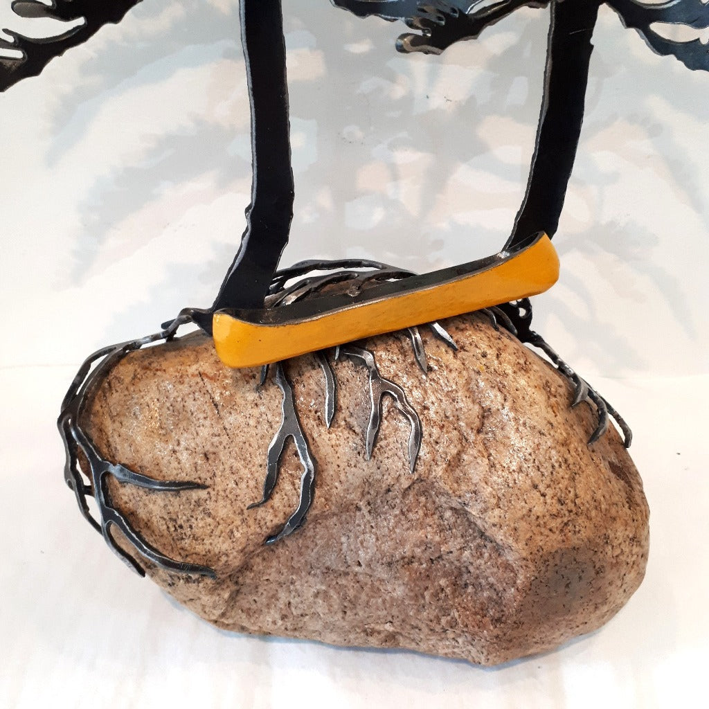 Steel Tree Sculpture with Yellow Canoe (420) on Canadian Rock