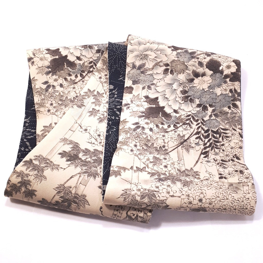Infinity Silk Scarf - Bamboo, Blossoms & Maple Leaves (Blue, Grey & Off-white)