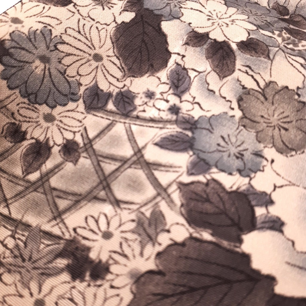 Infinity Silk Scarf - Bamboo, Blossoms & Maple Leaves (Blue, Grey & Off-white)