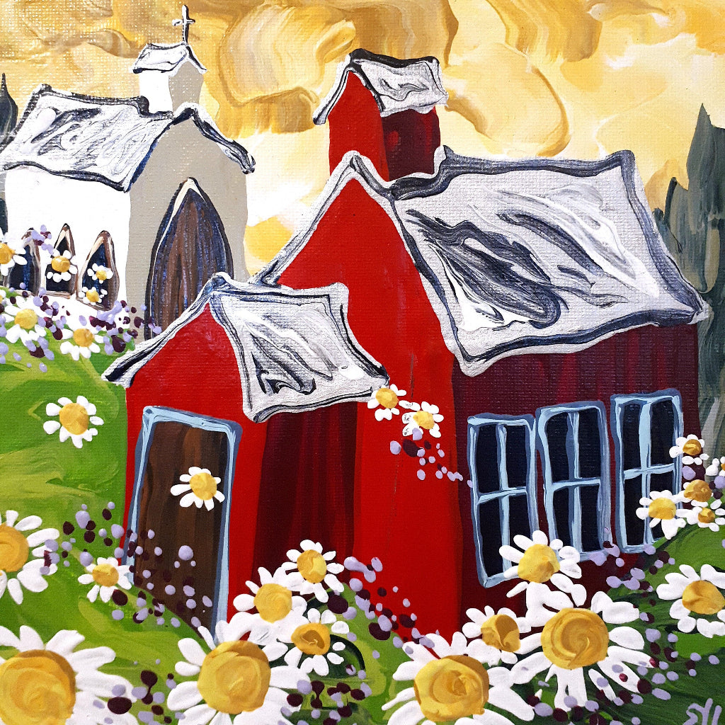 Painting of a red schoolhouse and white church with white roofs surrounded by flowers and greenery.