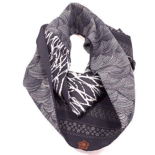 Infinity Silk Scarf - Flowers & Waves (Steel Blue and Grey, Tiny Touch of Red)