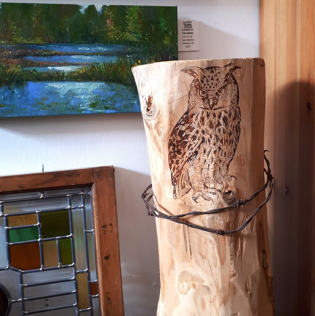 GREAT HORNED OWL ON FENCE POST (woodburning)