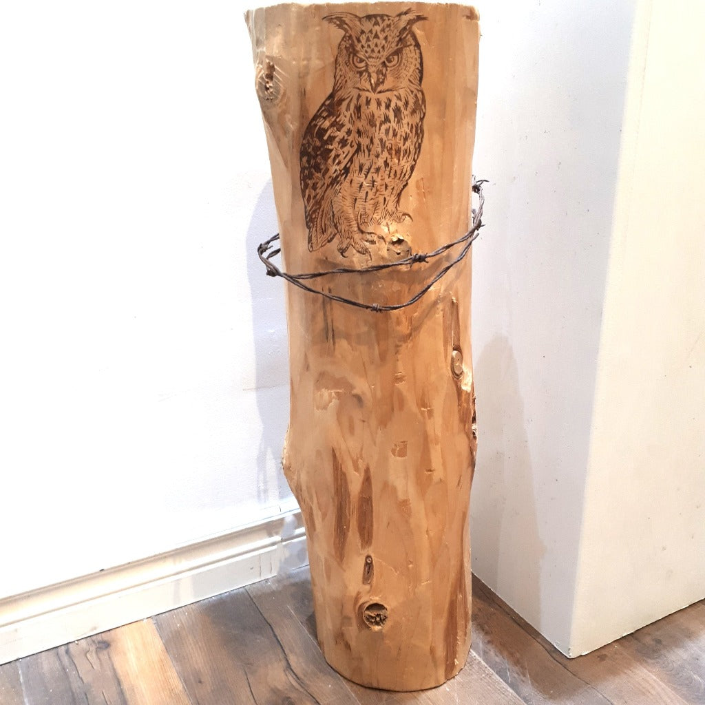 GREAT HORNED OWL ON FENCE POST (woodburning)