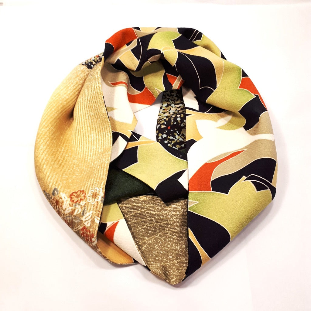 Infinity Silk Scarf - Geese, Florals, Abstract Designs (Black, Greens & Orange)
