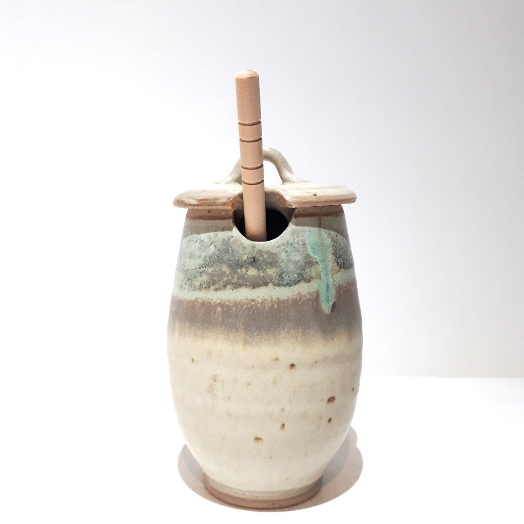 Pottery Honey Jar - turquoise & toast glaze