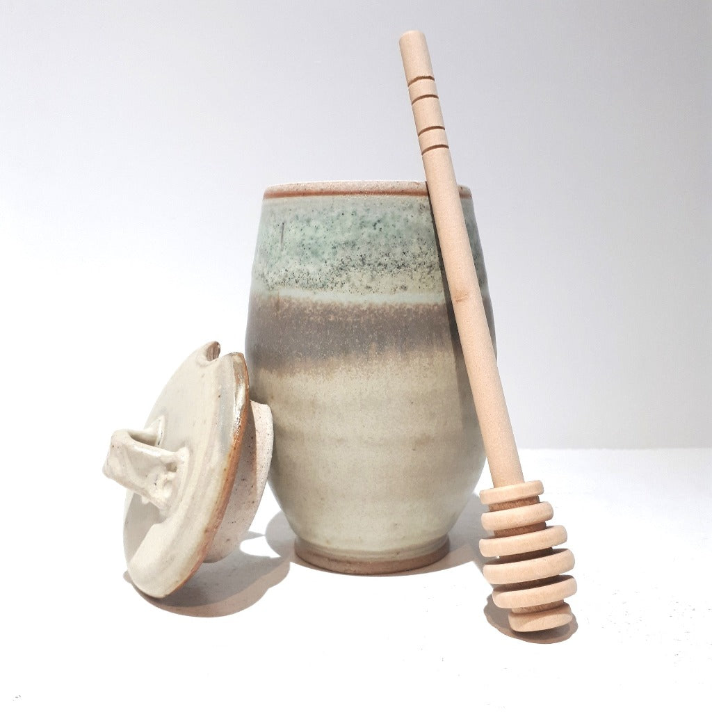 Pottery Honey Jar - turquoise & toast glaze