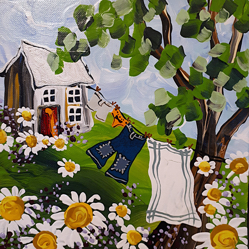 Painting of a small house with clothes hanging out to dry in a garden with flowers and a tree.