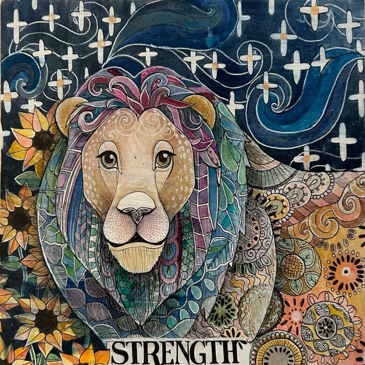 Original Ink and Watercolour Pencil under Resin - LION, STRENGTH