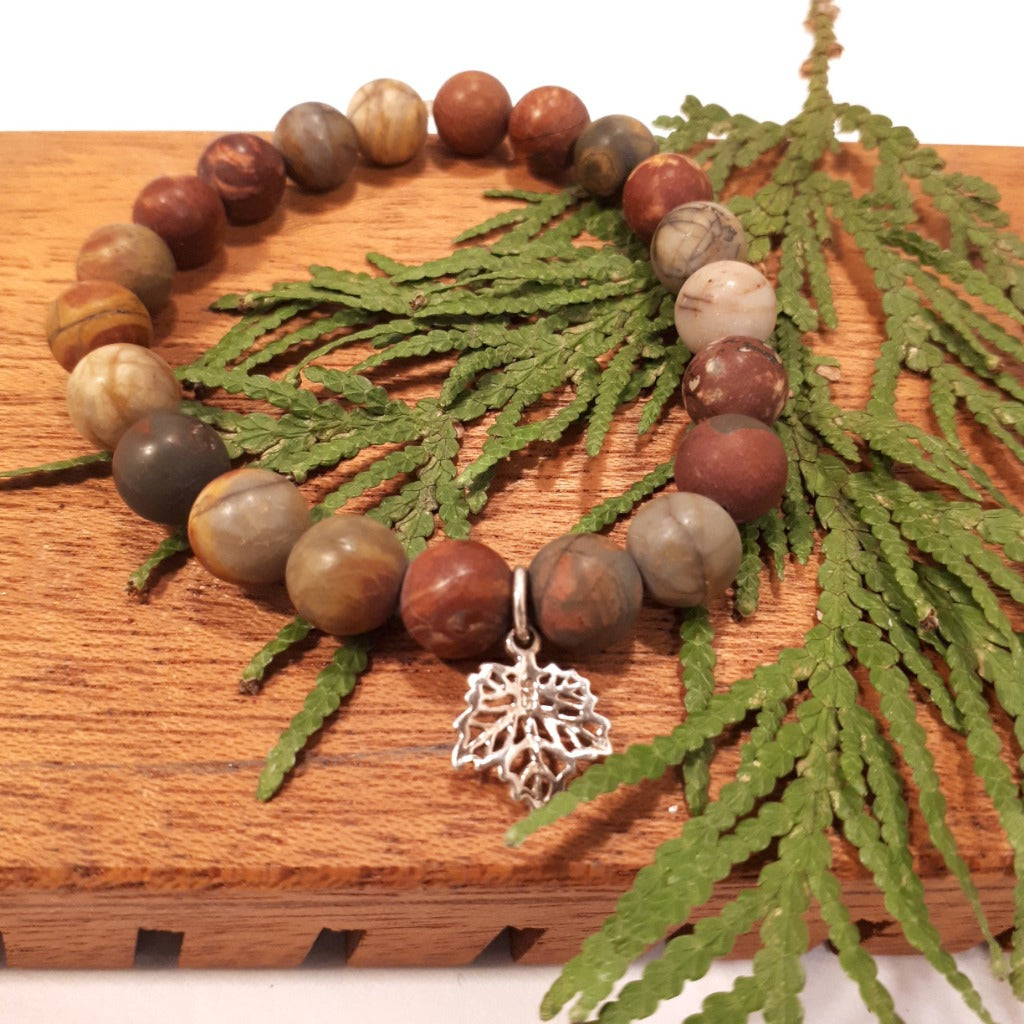 Stone Bracelet - Picasso Jasper with Sterling Silver Maple Leaf Charm