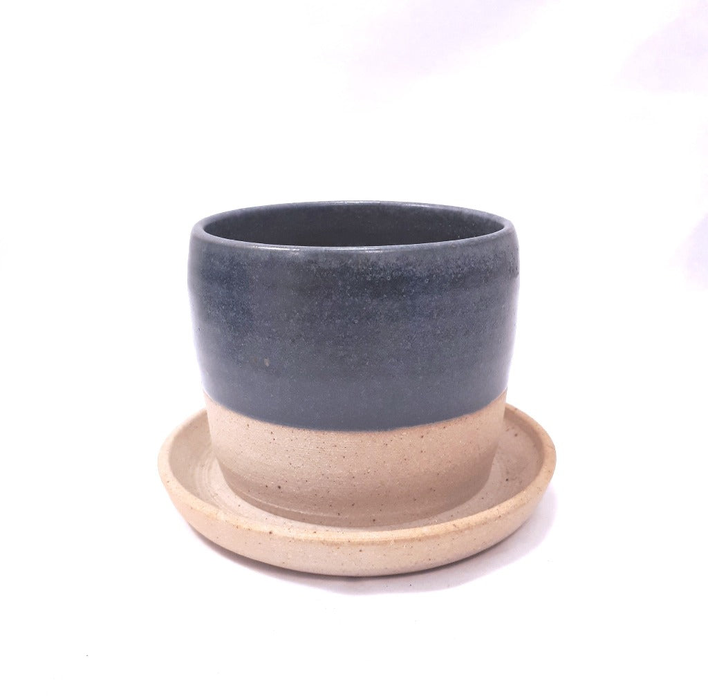 Pottery Plant Pot with Saucer - Blue