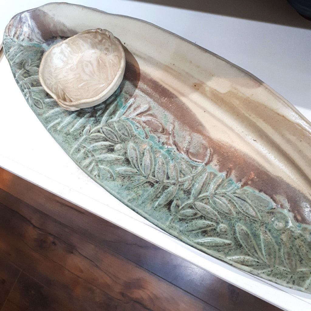 Pottery Platter with Sauce Dish - Large (90) - Turquoise & Toast