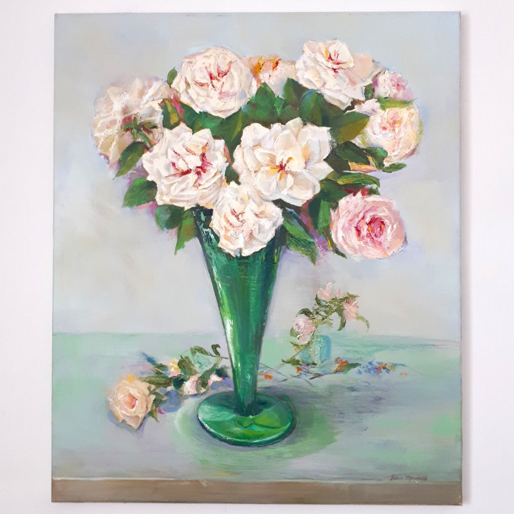 Original Oil Painting WHITE ROSES IN GREEN VASE Cedar Lake