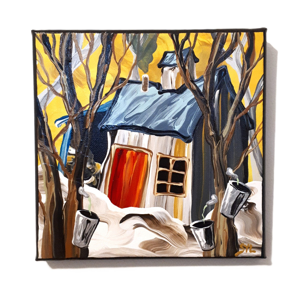 Folk art style painting of a small house with trees and sap pails in a snowy landscape