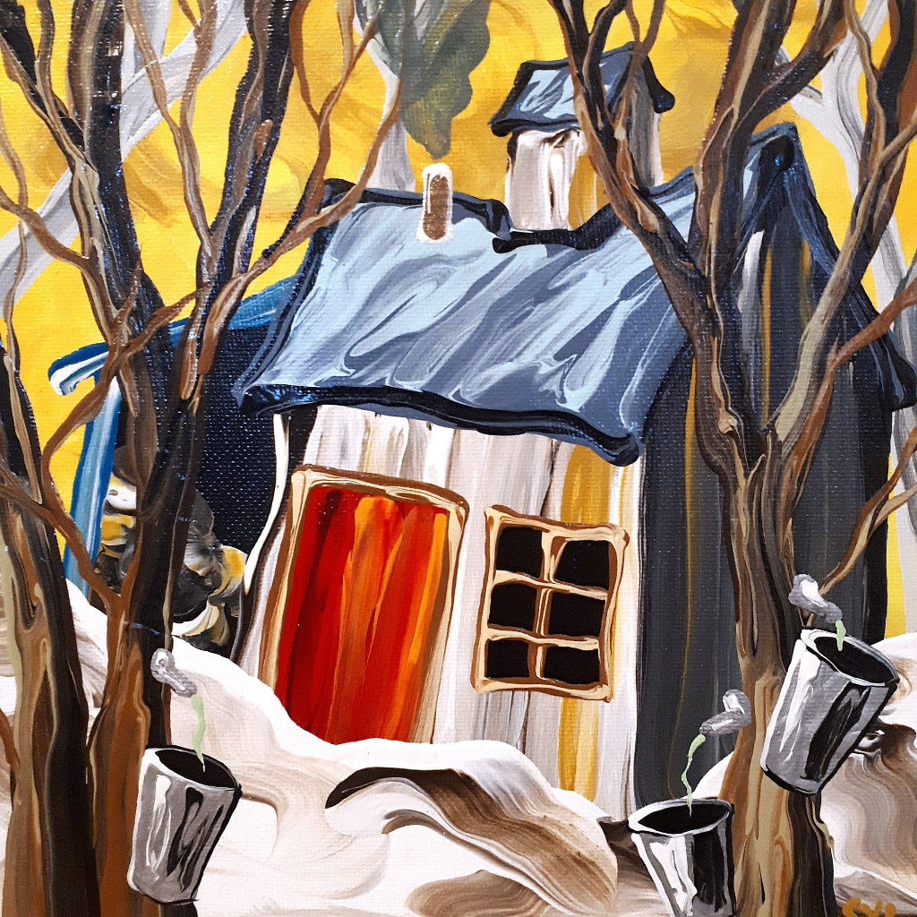 Artistic depiction of a house with a blue roof and red door, surrounded by trees with sap buckets and snow.