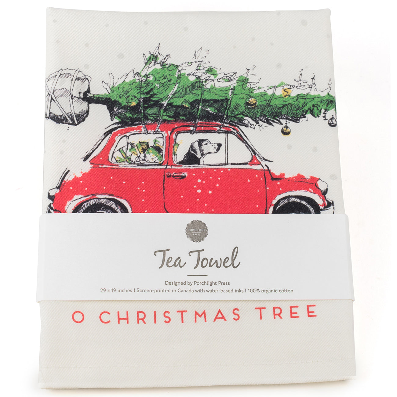 Tea Towel - Dog Driving Car with Christmas Tree on Top