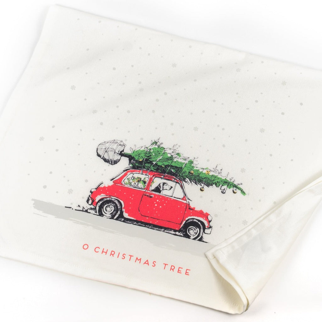 Tea Towel - Dog Driving Car with Christmas Tree on Top
