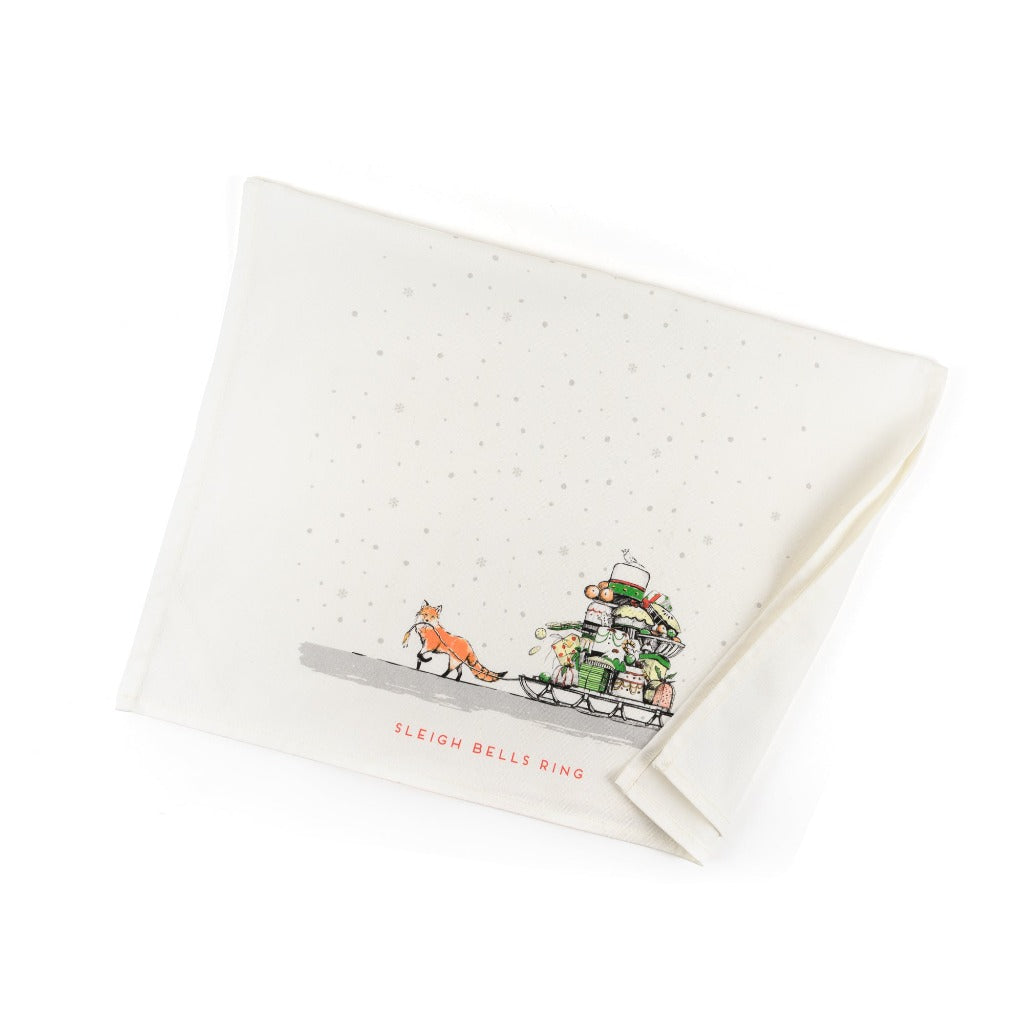 Tea Towel - Sleigh Bells Ring (Fox pulling sled)