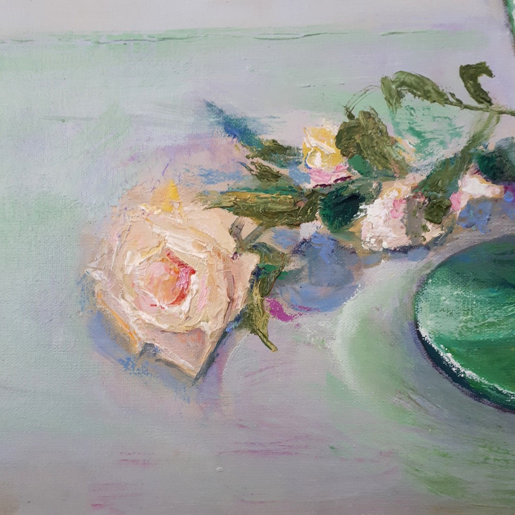 Original Oil Painting - WHITE ROSES IN GREEN VASE