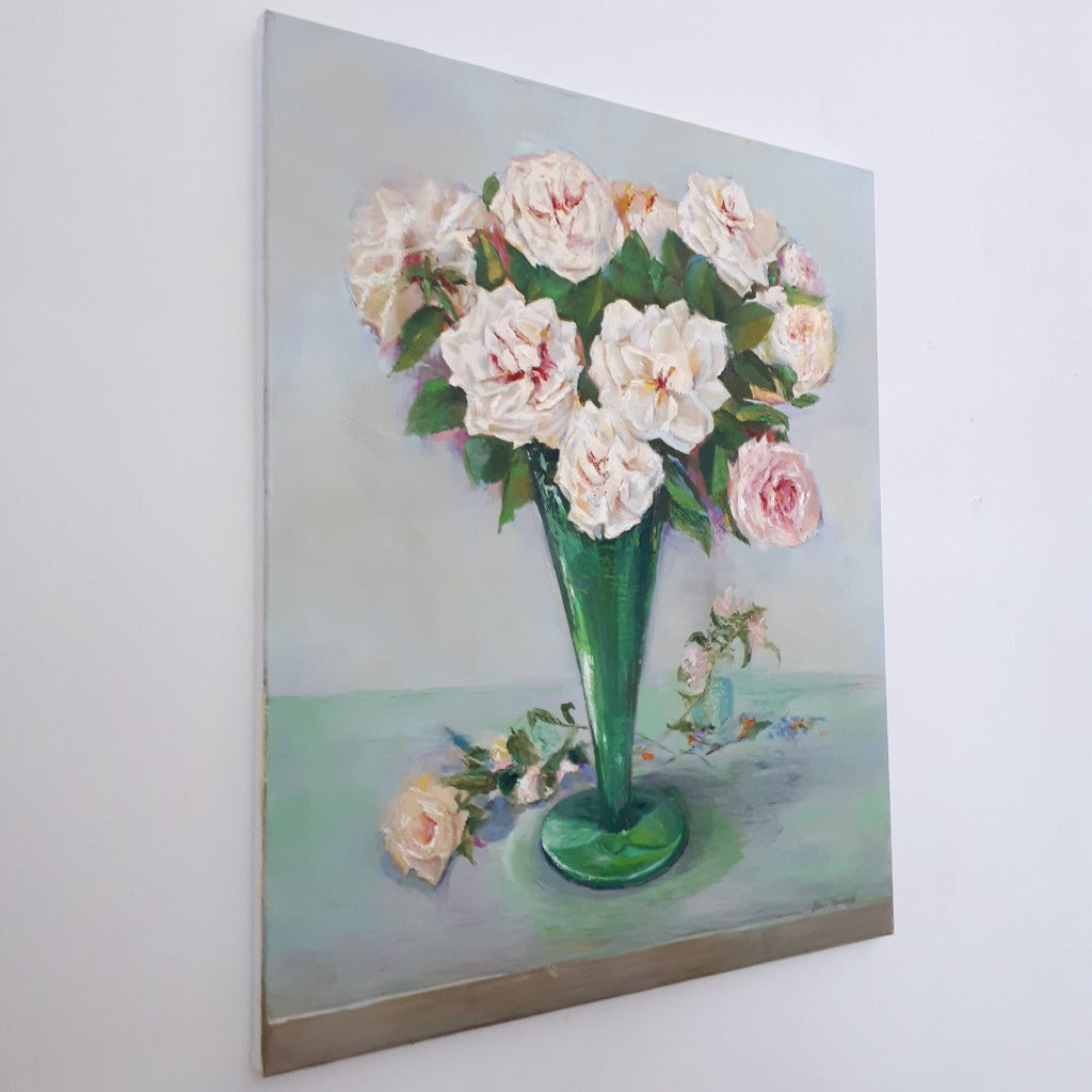 Original Oil Painting - WHITE ROSES IN GREEN VASE