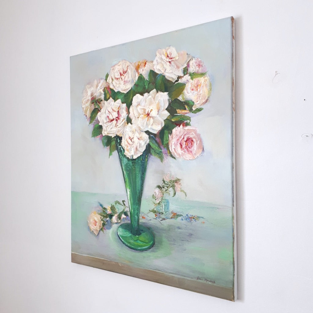 Original Oil Painting - WHITE ROSES IN GREEN VASE