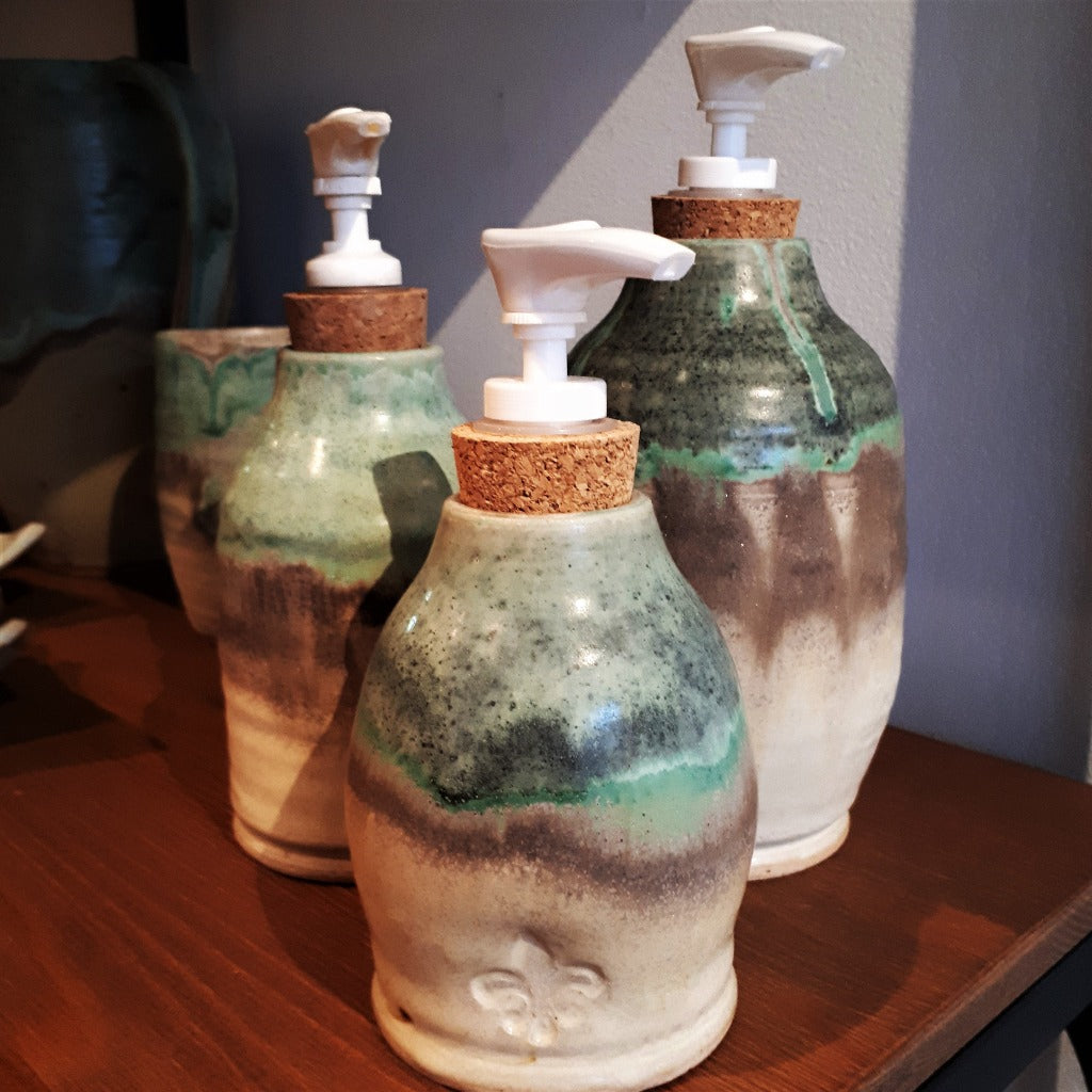 Pottery Soap Dispenser - turquoise and toast
