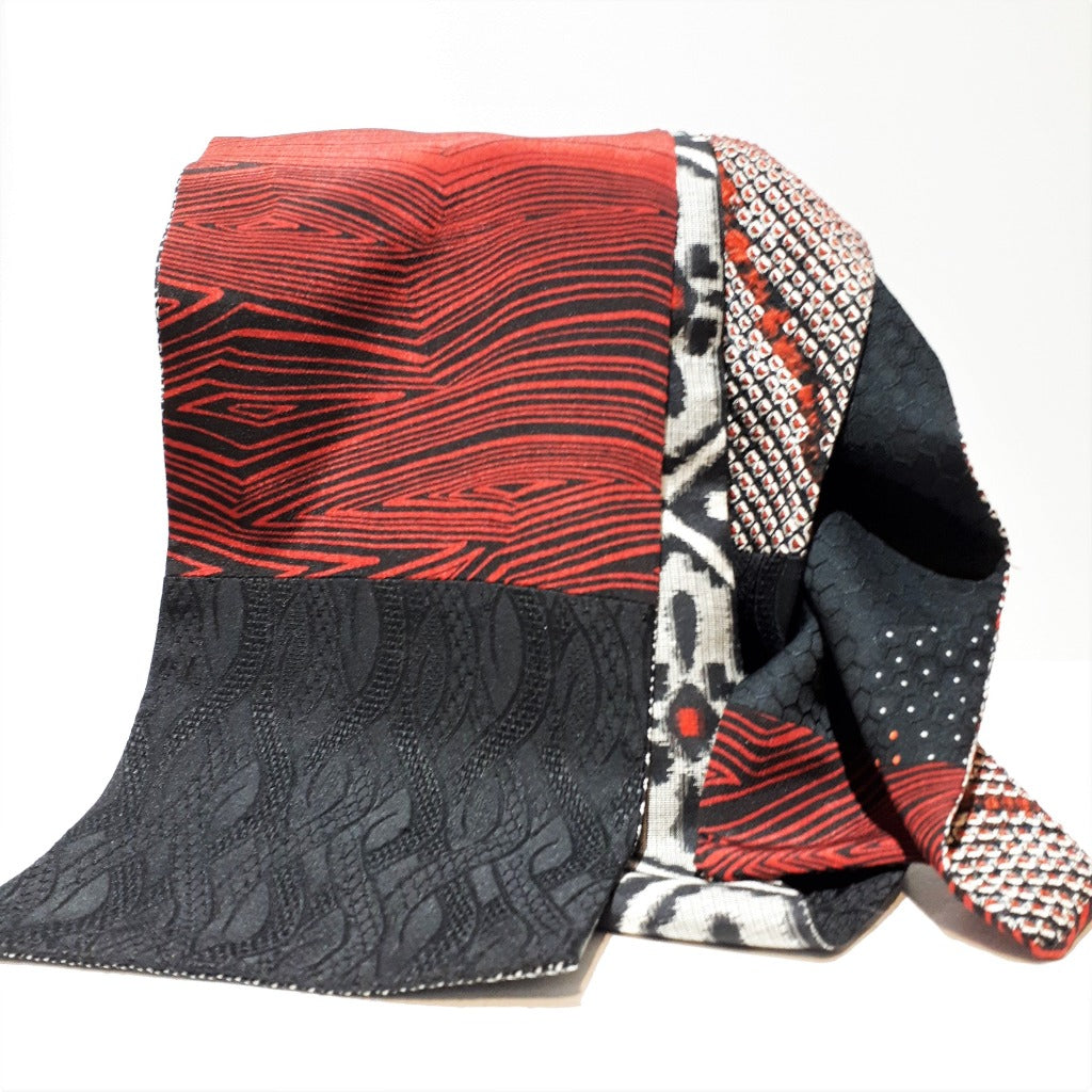 Silk Scarf - Black, Red, White (shibori, waves, Meissen, designs)