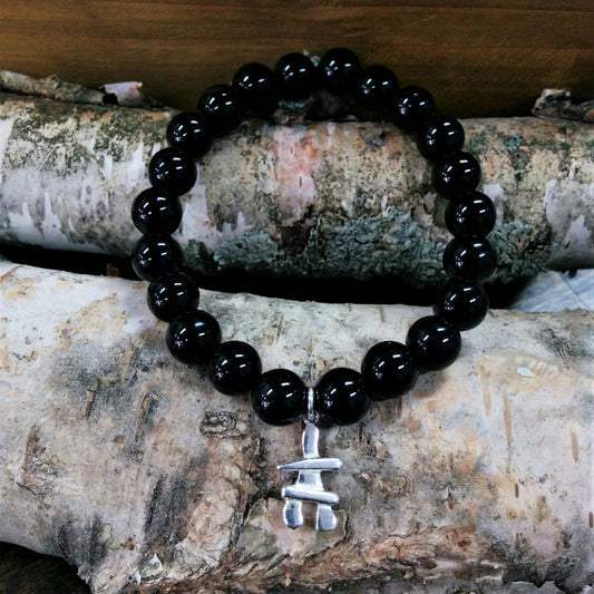 Stone Bead Bracelet - Black Onyx with Sterling Silver Inukshuk Charm