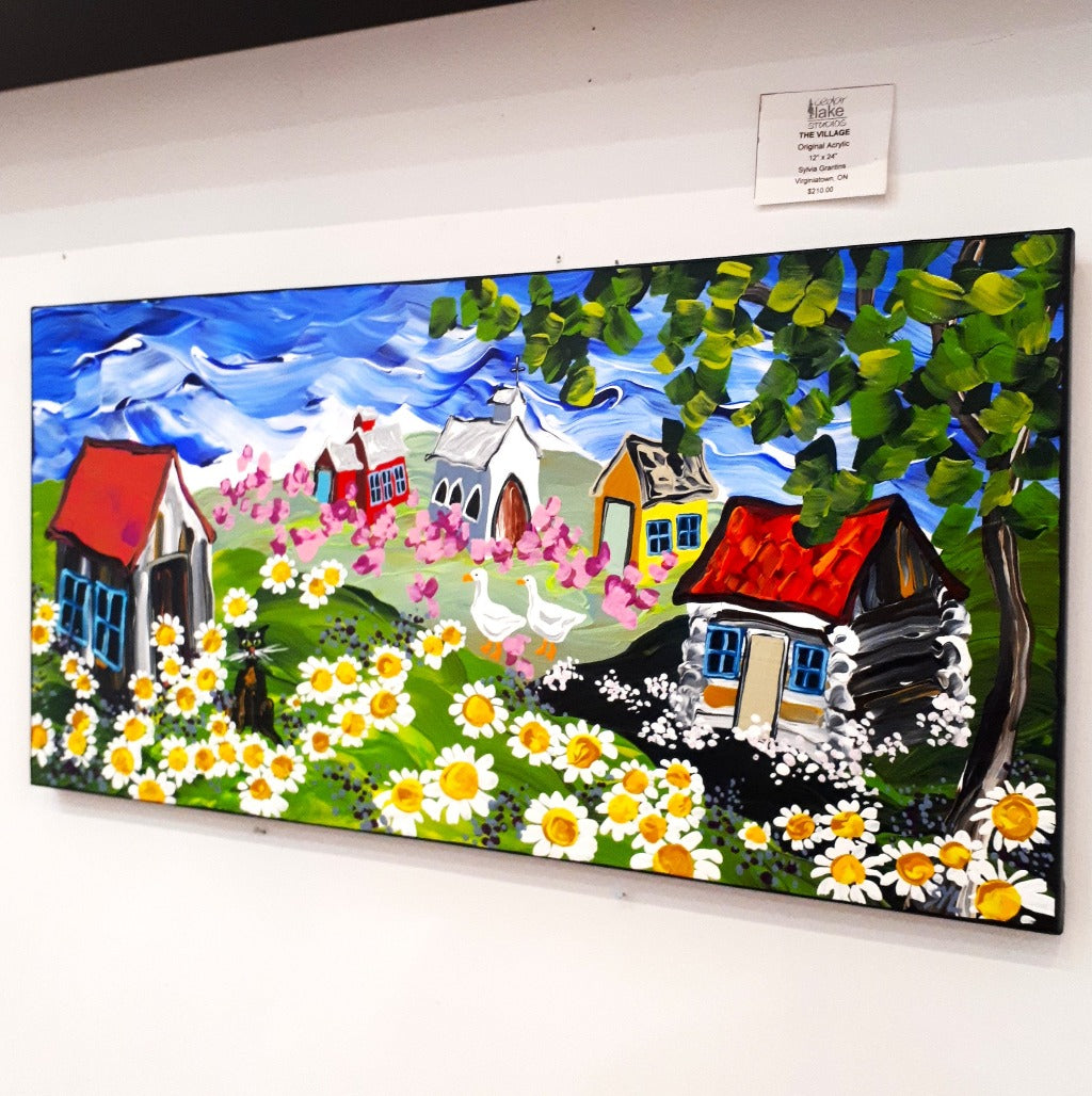 Original Acrylic Painting - The Village with Geese and a Black Cat