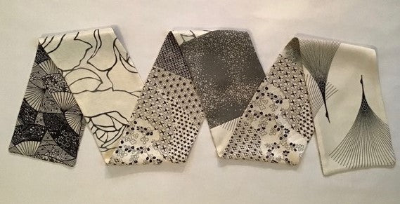 Silk Scarf - White & Black II (Cranes, flowers, fans)