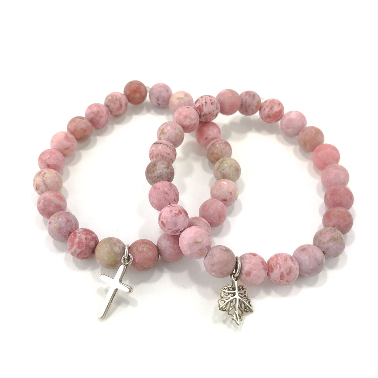 Stone Bracelet - Pink Agate with Sterling Silver Maple Leaf Charm