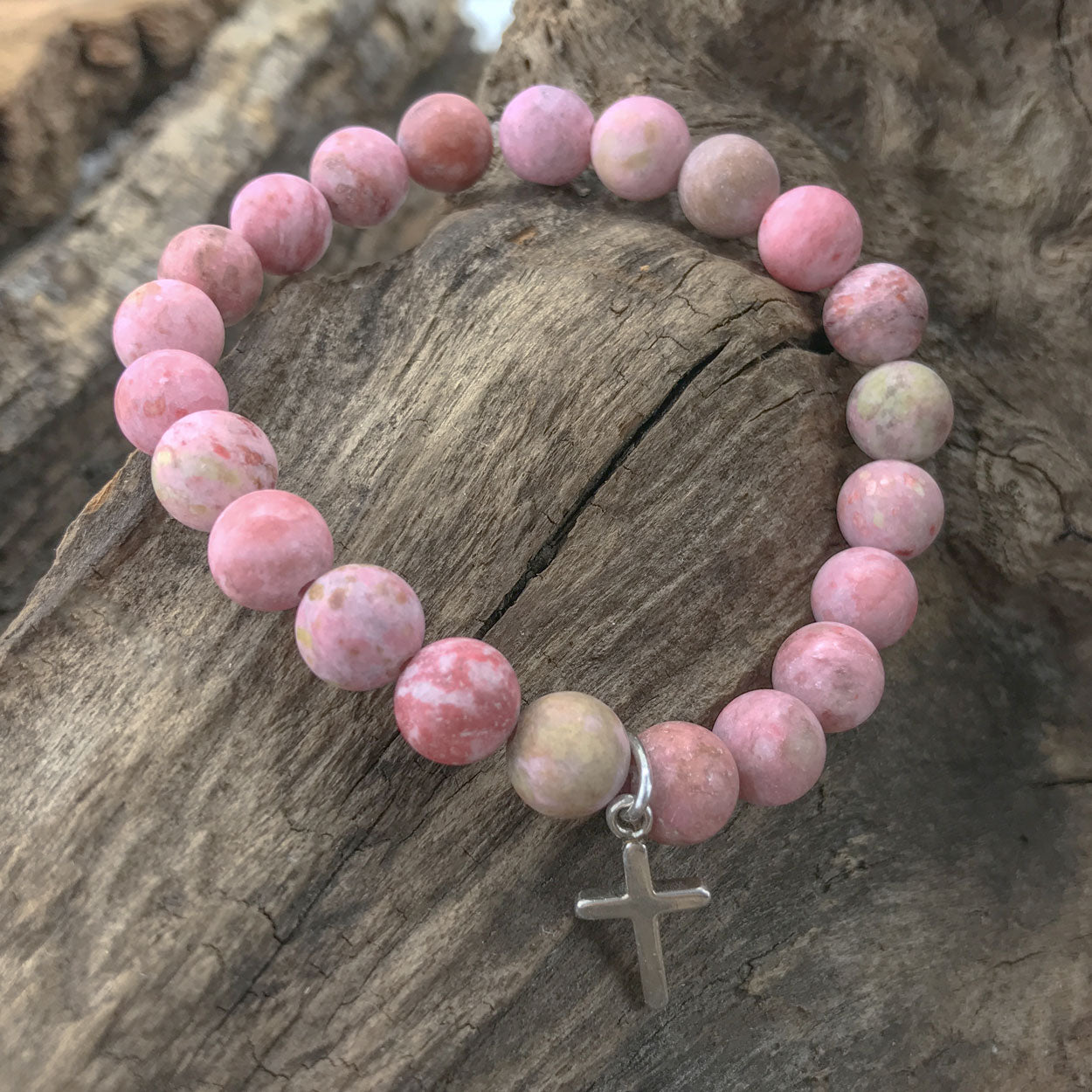 Stone Bracelet - Pink Agate with Sterling Silver Cross Charm