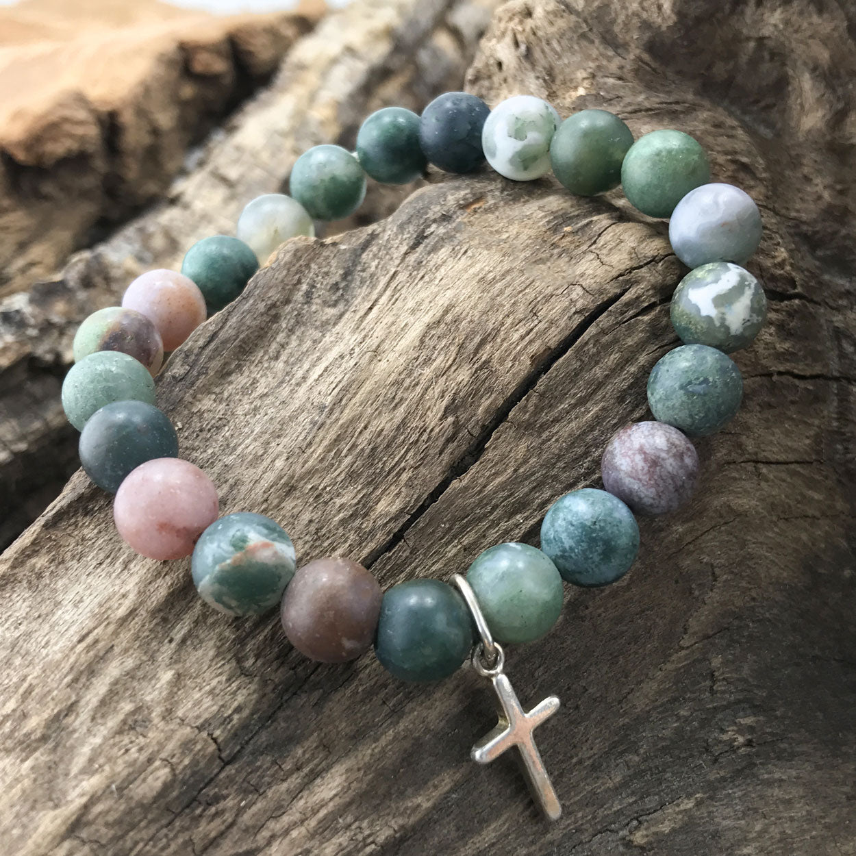 Stone Bracelet - Indian Agate with Sterling Silver Cross Charm