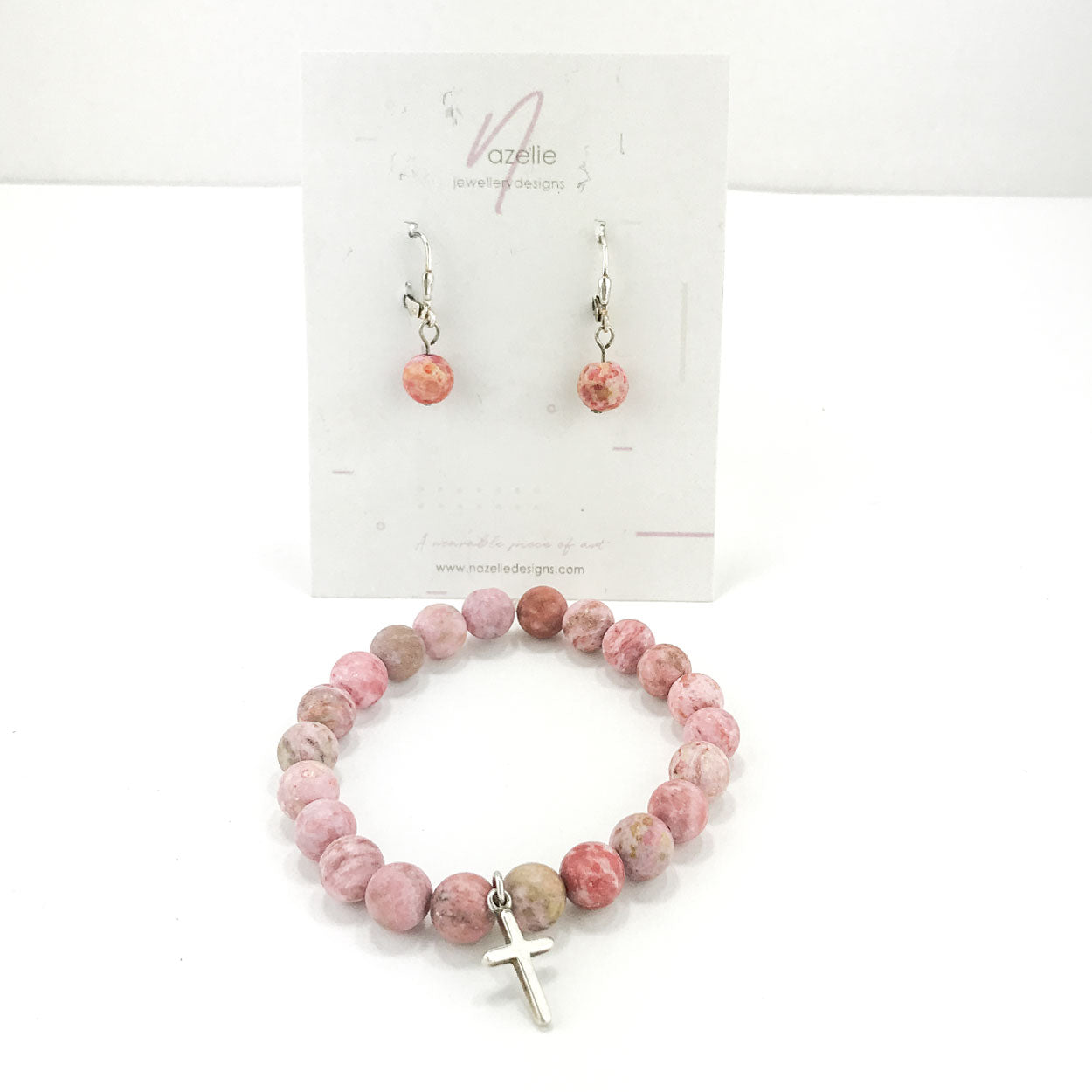Stone Bracelet - Pink Agate with Sterling Silver Cross Charm