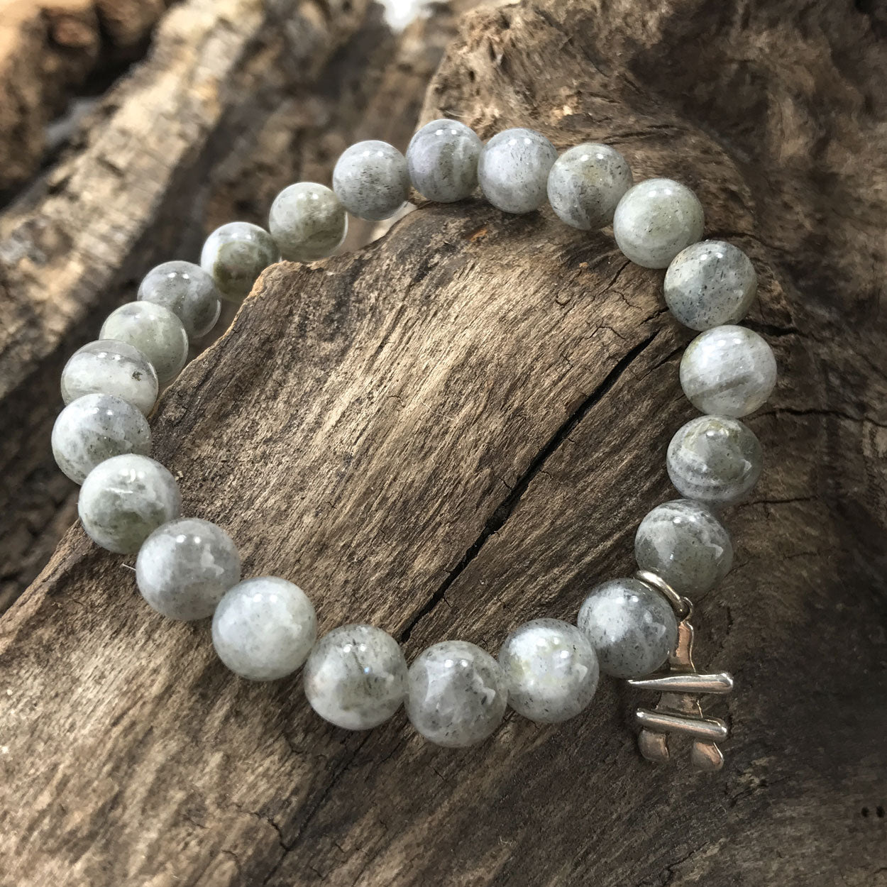Stone Bracelet - Grey Quartz with Sterling Silver Inukshuk Charm