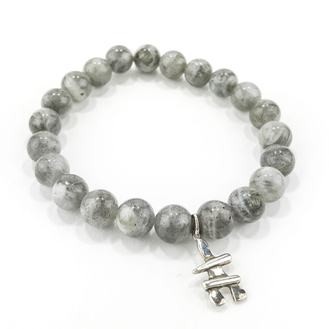 Stone Bracelet - Grey Quartz with Sterling Silver Inukshuk Charm