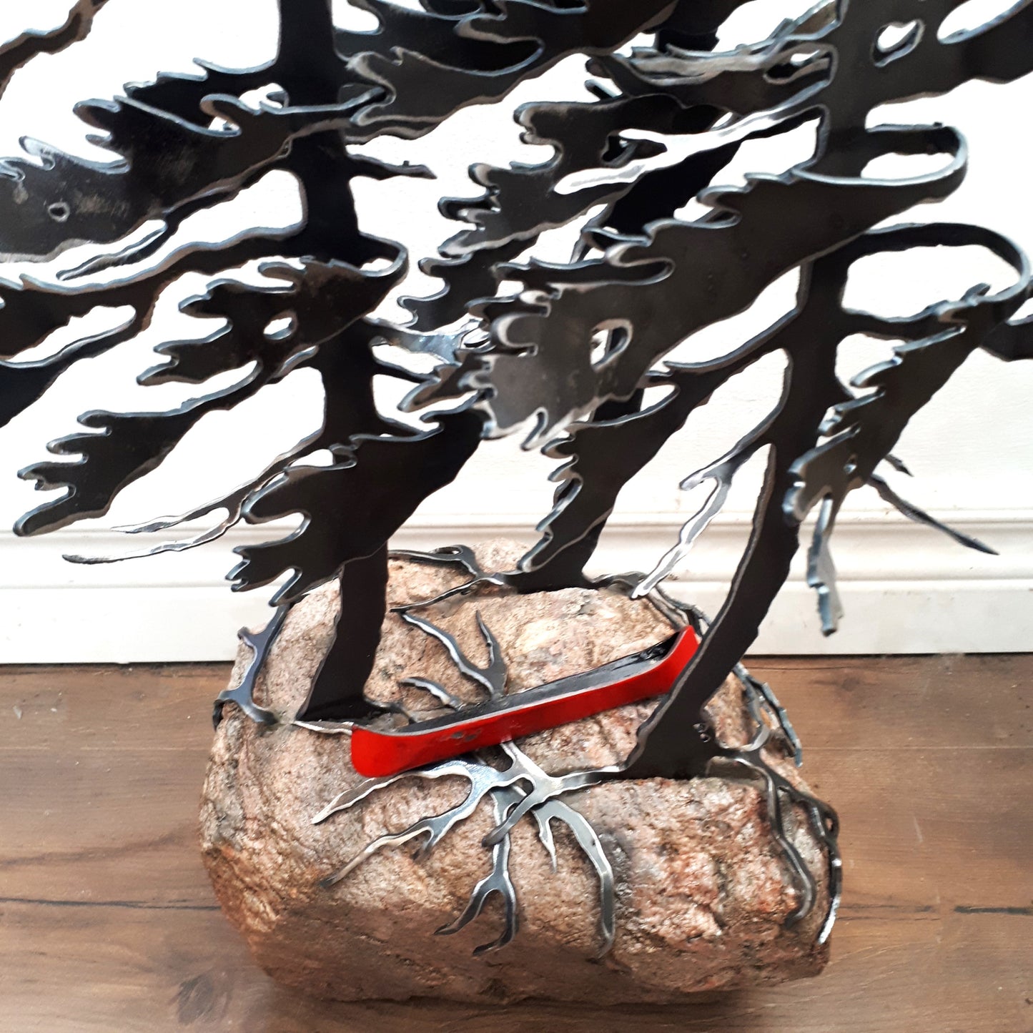Steel Triple-Tree Sculpture with Red Canoe (540) on Canadian Rock
