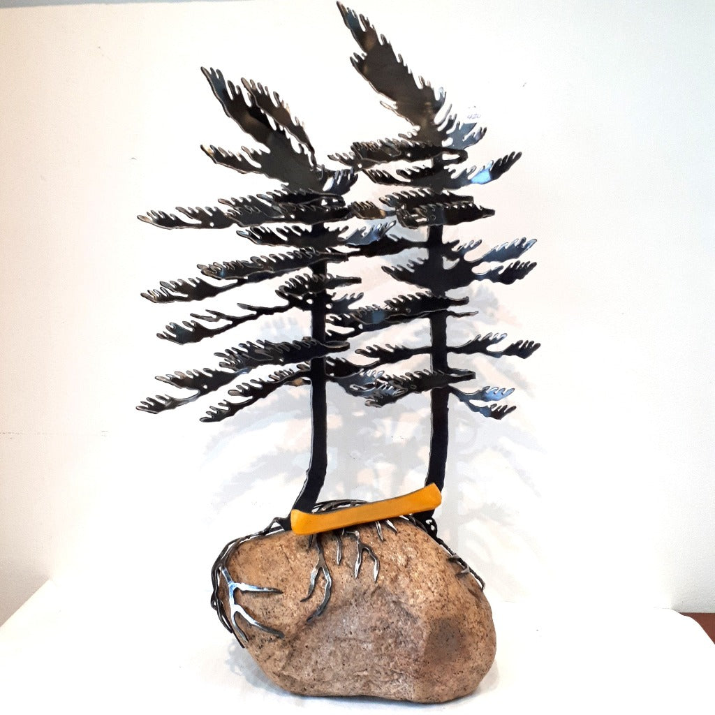Steel Tree Sculpture with Yellow Canoe (420) on Canadian Rock