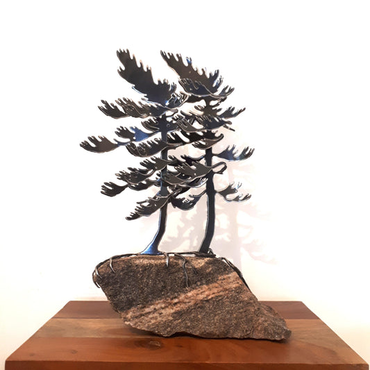 Steel Two-Tree Sculpture (325) on Canadian Rock