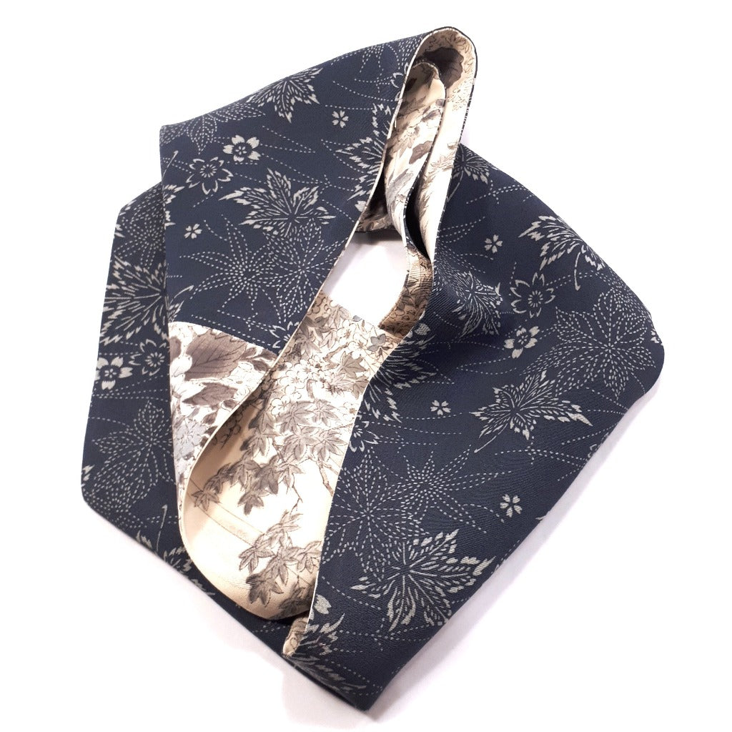 Infinity Silk Scarf - Bamboo, Blossoms & Maple Leaves (Blue, Grey & Off-white)