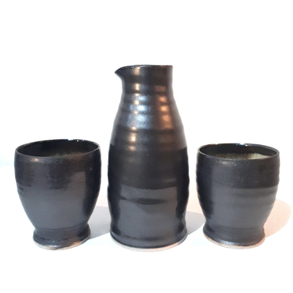 Pottery Wine Carafe & Cups Set - Black Glaze