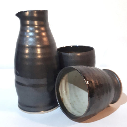 Pottery Wine Carafe & Cups Set - Black Glaze