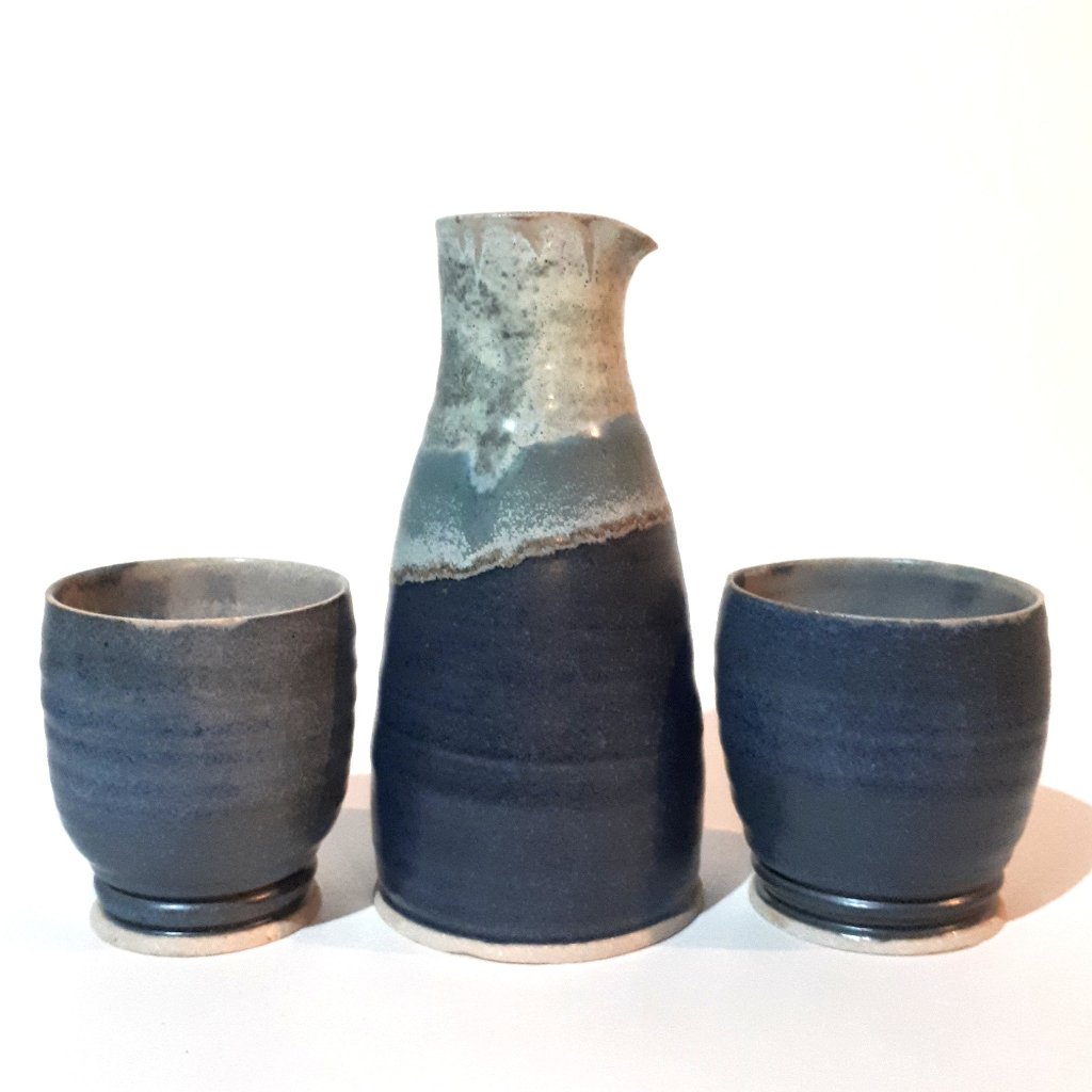 Pottery Wine Carafe & Cups Set - Blues