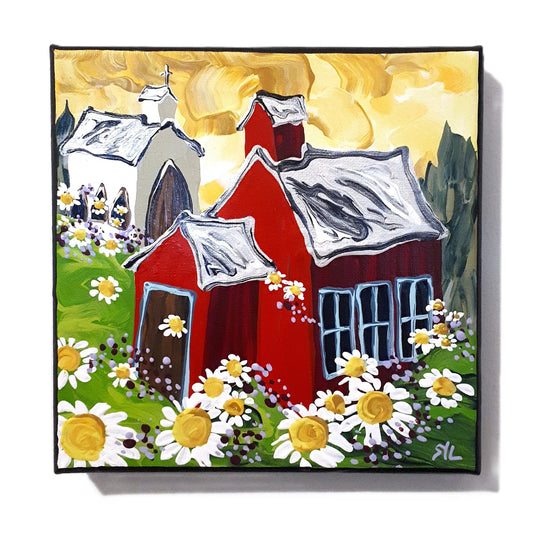 Painting of a red schoolhouse and white church with white roofs surrounded by flowers and greenery.
