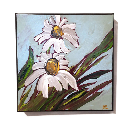 Painting of two white daisies with yellow centers on a light background