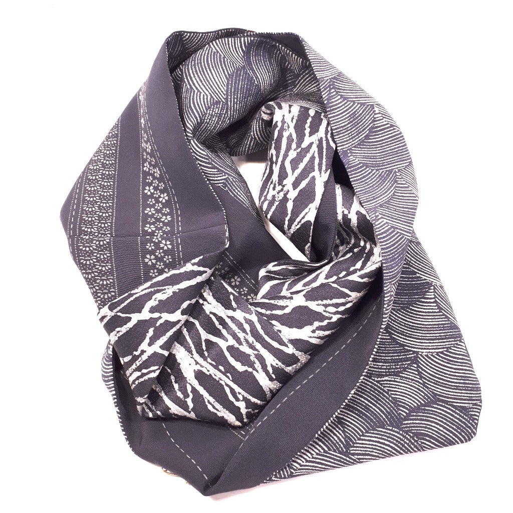 Infinity Silk Scarf - Flowers & Waves (Steel Blue and Grey, Tiny Touch of Red)