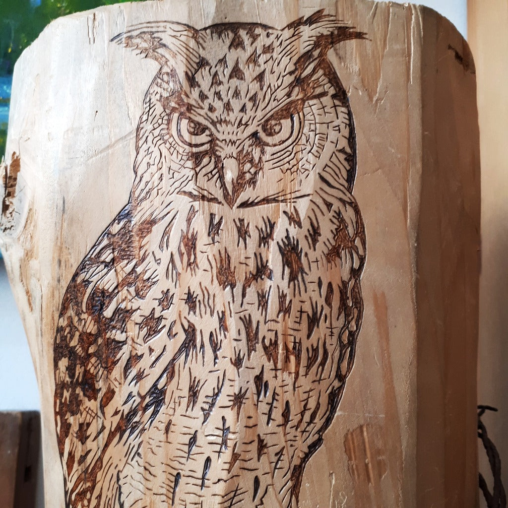 GREAT HORNED OWL ON FENCE POST (woodburning)