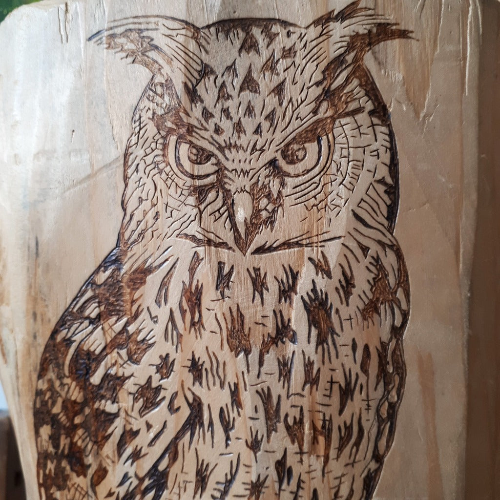 GREAT HORNED OWL ON FENCE POST (woodburning)