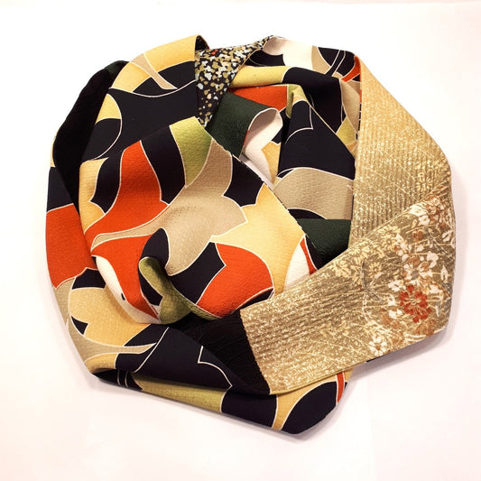 Infinity Silk Scarf - Geese, Florals, Abstract Designs (Black, Greens & Orange)