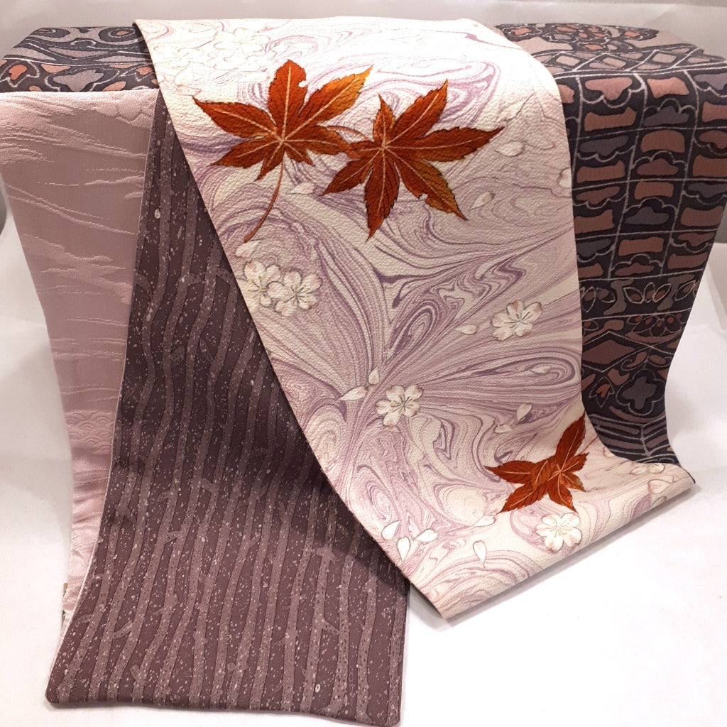 Silk Scarf - Japanese Maple Leaves, Flowers, Swirling Water (Pinks, Greys & Purples)